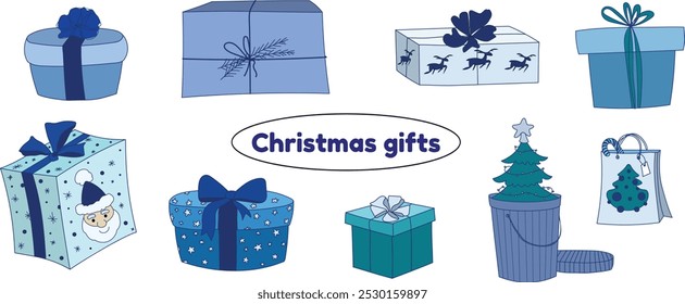 The Different Types of Gift Boxes vector illustration. Set of vector colorful doodles gift boxes with a blue bow on dark blue. Merry Christmas theme, icons, cards