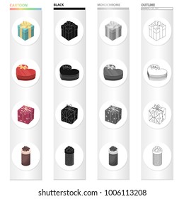 Different types of gift wrapping. Ribbon, bow and packing set collection icons in cartoon black monochrome outline style vector symbol stock isometric illustration web.