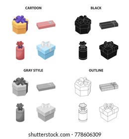 Different types of gift wrapping. Ribbon, bow and packing set collection icons in cartoon black monochrome outline style vector symbol stock isometric illustration web.