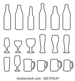 Different types of glasses and bottles for drinking