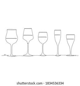 Different types  glasses drink - one line drawing. Vector illustration continuous line drawing