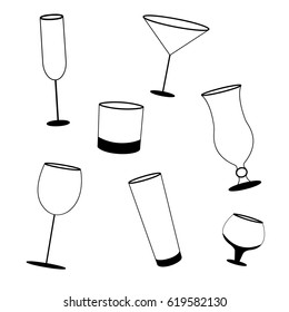 different types of glasses for drinking, black and white