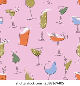 Different types of glasses and goblets with cocktails and wines creating a cheerful mood. Seamless pattern with glasses and goblets of alcoholic drinks on a pink background. Flat illustration.