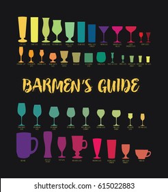 Different types of glasses and their names - vector illustration.