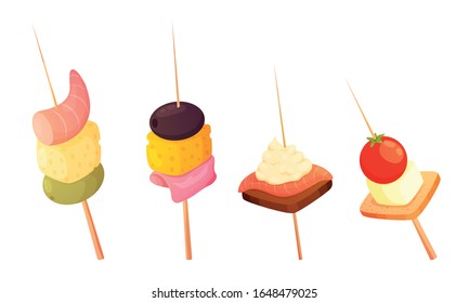 Different types of gourmet appetizers on skewers vector illustration