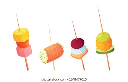 Different types of gourmet snacks on skewers vector illustration