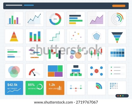 Different types of graphs and charts show business metrics and analytics on a digital dashboard. The layout features colorful visual elements like bars and lines.