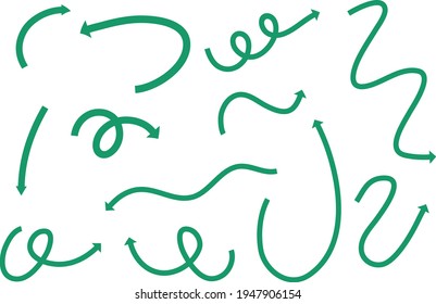 Different types of green hand drawn curved arrows on white background illustration
