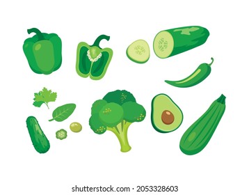 Different types of green healthy raw vegetables icon set vector. Green vegetable icon set vector isolated on a white background. Fresh organic vegan food vector