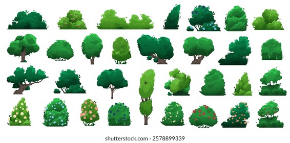 Different types of green trees and bushes forming a cartoon landscape, ideal for creating natural scenarios or adding greenery to illustrations