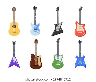 Different types of guitars vector illustrations set. Various designs and shapes of acoustic and electric string musical instruments for bands isolated on white background. Music, entertainment concept