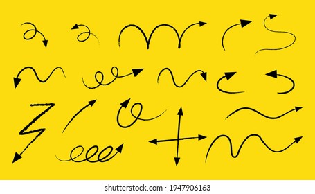 Diferentes tipos de flechas curvadas dibujadas a mano en la ilustración de fondo amarillo