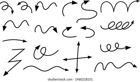 Verschiedene Arten von handgezeichnet gewölbten Pfeilen auf weißem Hintergrund, Illustration