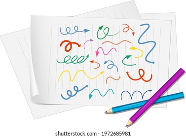 Different types of hand drawn curved arrows on paper illustration
