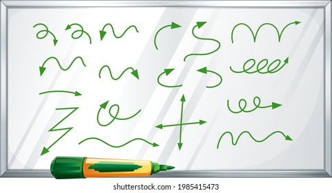 Different types of hand drawn curved arrows on white board illustration