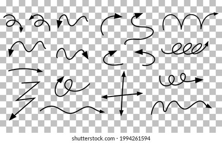 Diferentes tipos de flechas curvadas dibujadas a mano en ilustraciones de fondo transparentes