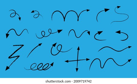 Different types of hand drawn curved arrows on blue background illustration