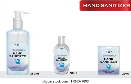 Different types of Hand sanitizer with label design. Packaging design. Advertising of hand sanitizer. Hand disinfectant. Personal hygiene. vector Illustration
