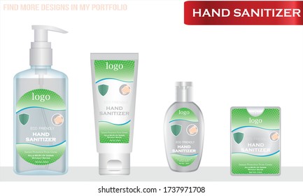 Diferentes tipos de desinfectante manual con diseño de etiqueta. Diseño de empaque. Publicidad del desinfectante manual. Desinfectante de mano. Higiene personal. ilustración vectorial