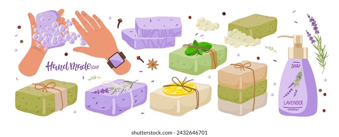 Different types of handmade soap. Slices of soap with different ingredients, bottle of liquid soap, person washing hands. Vector Illustration. Herbal Healing body care. Natural organic spa products.