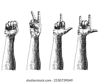 different types hands fight rock gesture linear realistic illustration on white background