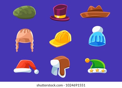 Different Types Of Hats And Caps, Warm Classy For Kids Adults Set Cartoon Colorful Vector Clothing Items