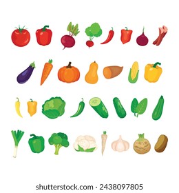 Diferentes tipos de vegetales crudos saludables icono vector conjunto. Vector de conjunto de iconos de vegetales frescos aislado sobre fondo blanco. Dibujo de colección de vegetales