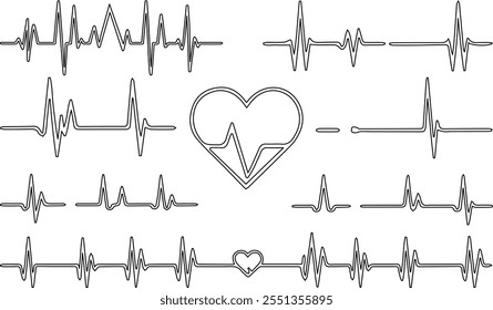 Different types of Heartbeat rhythm and heart minimalist vector design illustration.
