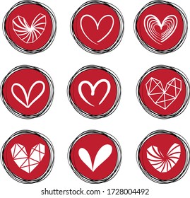 different types of hearts in a circle, icons for greeting cards, gifts, for Valentine's day, wedding day, mother's day, set of hearts, stickers for holidays