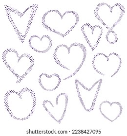 Diferentes tipos de corazones hechos con puntos de polka púrpura