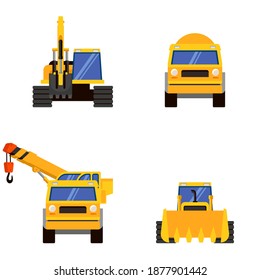 Different types of heavy machinery front view. Vehicles for executing construction tasks.