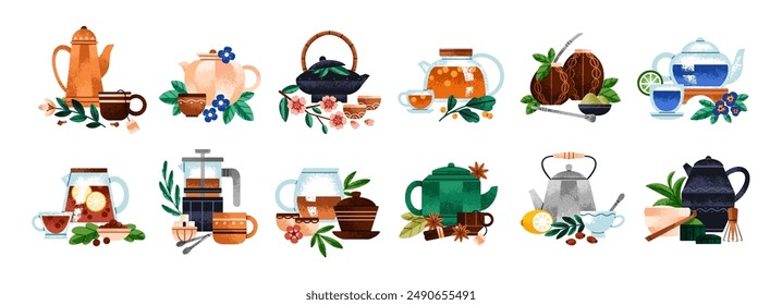 Different types of herbal drinks set. Teapots, cups with various beverages. Teacups, mugs with matcha, black, green, blue, fruit, hibiscus tea. Flat isolated vector illustrations on white background