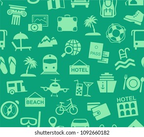 Different types of holidays and ways of travelling. Green pictures on a green field. Vector, color background. 