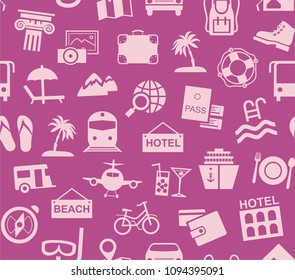 Different types of holidays and ways of travelling. Pink pictures on the purple field. Vector, color background. 