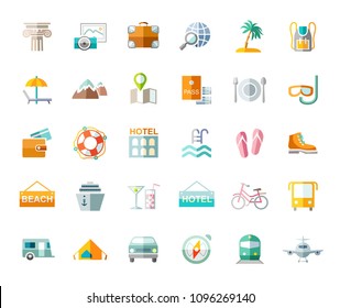 Different types of holidays and ways of travelling. Colored, flat pictures on a white background. Vector. 
