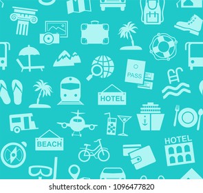 Different types of holidays and ways of travelling. Blue pictures on a turquoise field. Vector, color background. 