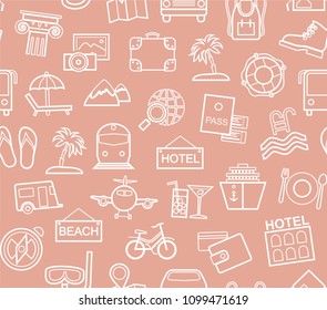 Different types of holidays and ways of travelling. White line drawings on a pink field. Vector, monochrome background. 