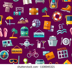 Different types of holidays and ways of travelling. Vector, color background. Colored flat drawings on a purple field. 