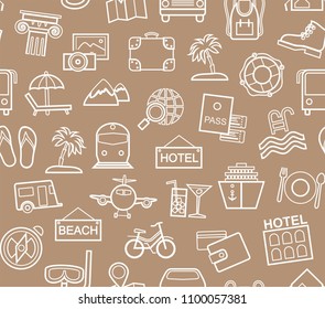 Different types of holidays and ways of travelling. White line drawings on a brown field. Vector, monochrome background. 