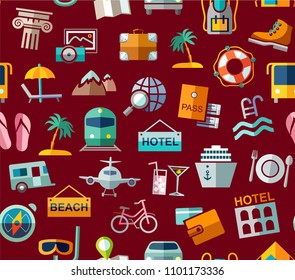 Different types of holidays and ways of travelling. Vector, color background. Colored flat drawings on a dark red field. 