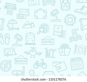 Different types of holidays and ways of travelling. Vector, color background. Blue line drawings on a light field. 