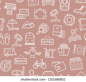 Different types of holidays and ways of travelling. Vector, color background. White line drawings on a brown-purple field. 