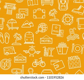 Different types of holidays and ways of travelling. Vector, color background. White line drawings on the yellow field. 