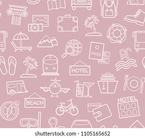 Different types of holidays and ways of travelling. Vector, color background. Pink line drawings on a pink-purple field. 