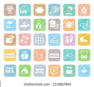 Different types of holidays and ways of travelling. White icons on a colored shaded field. Simulation of shading. Vector clip art. 