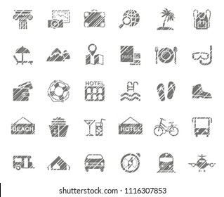 Different types of holidays and ways of travelling. Gray icons on a white field. Simulation of shading. Vector clip art. 