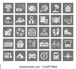 Different types of holidays and ways of travelling. Square one-color icons. Simulation of shading. Vector clip art. 