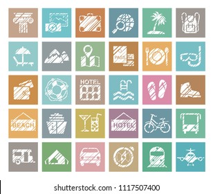 Different types of holidays and ways of travelling. Square colored icons. Simulation of shading. Vector clip art. 
