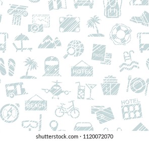 Different types of holidays and ways of travelling. Gray drawings on a white background. Imitation of pencil hatching. Vector, color pattern. 