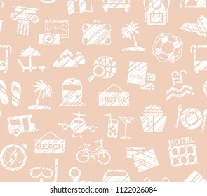 Different types of holidays and ways of travelling. White drawings on pink background. Imitation of pencil hatching. Vector, color pattern. 